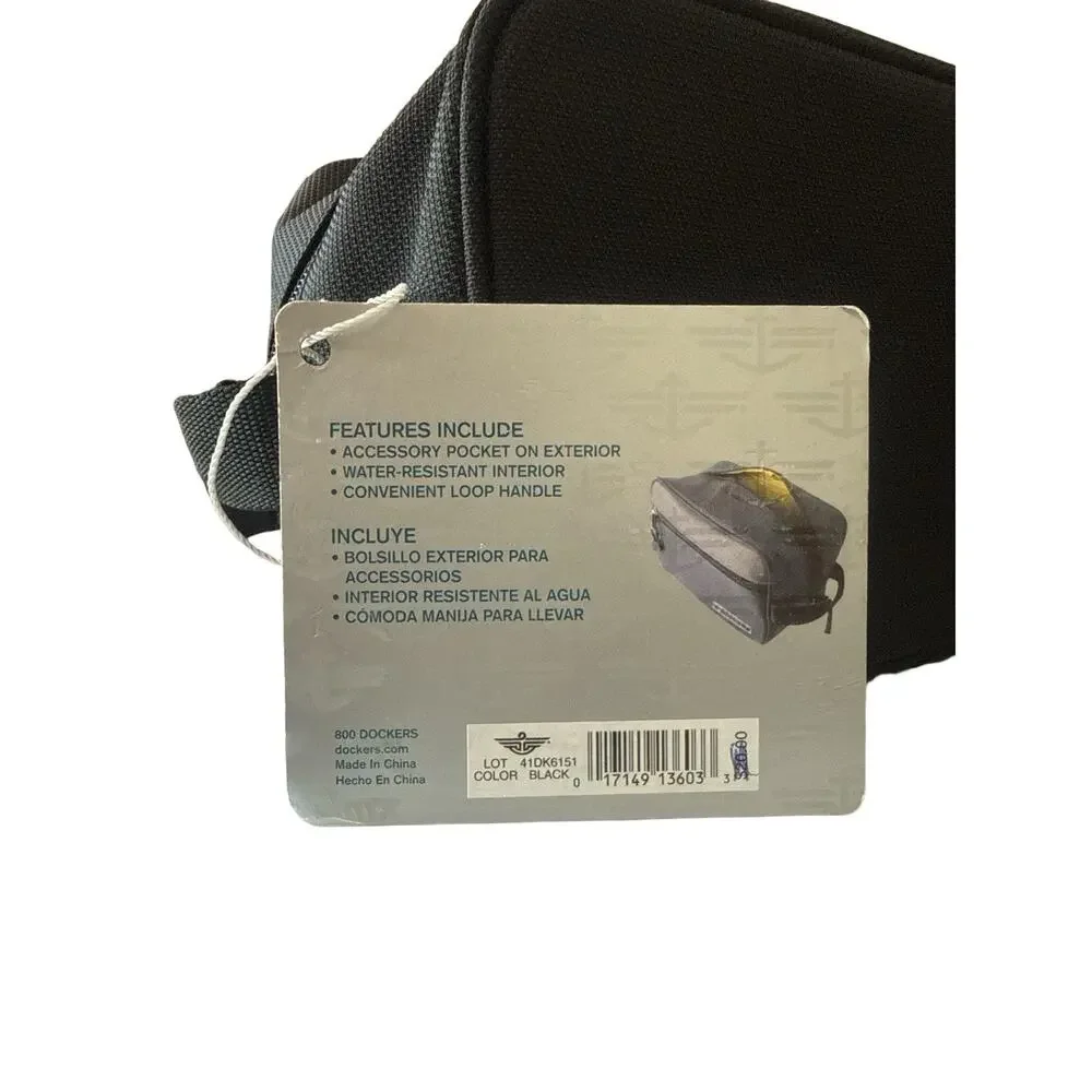 Dockers Mens Travel Kit Bag Toiletry Case Black Nylon Canvas Zipper Logo Durable